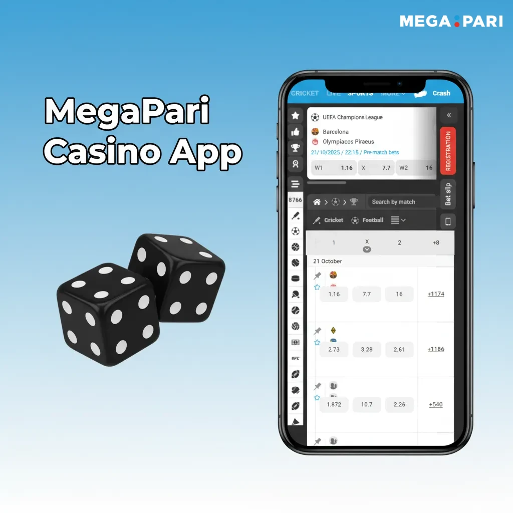 MegaPari Casino app home showing sports, slots, live casino with real dealers, popular titles, and a promotions tab.