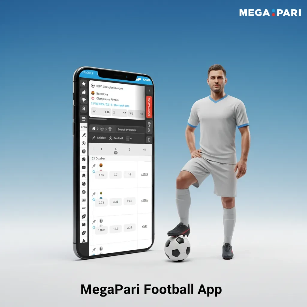 MegaPari Football app screen on a smartphone with in‑play odds, betslip, Cash Out, and My Bets options.