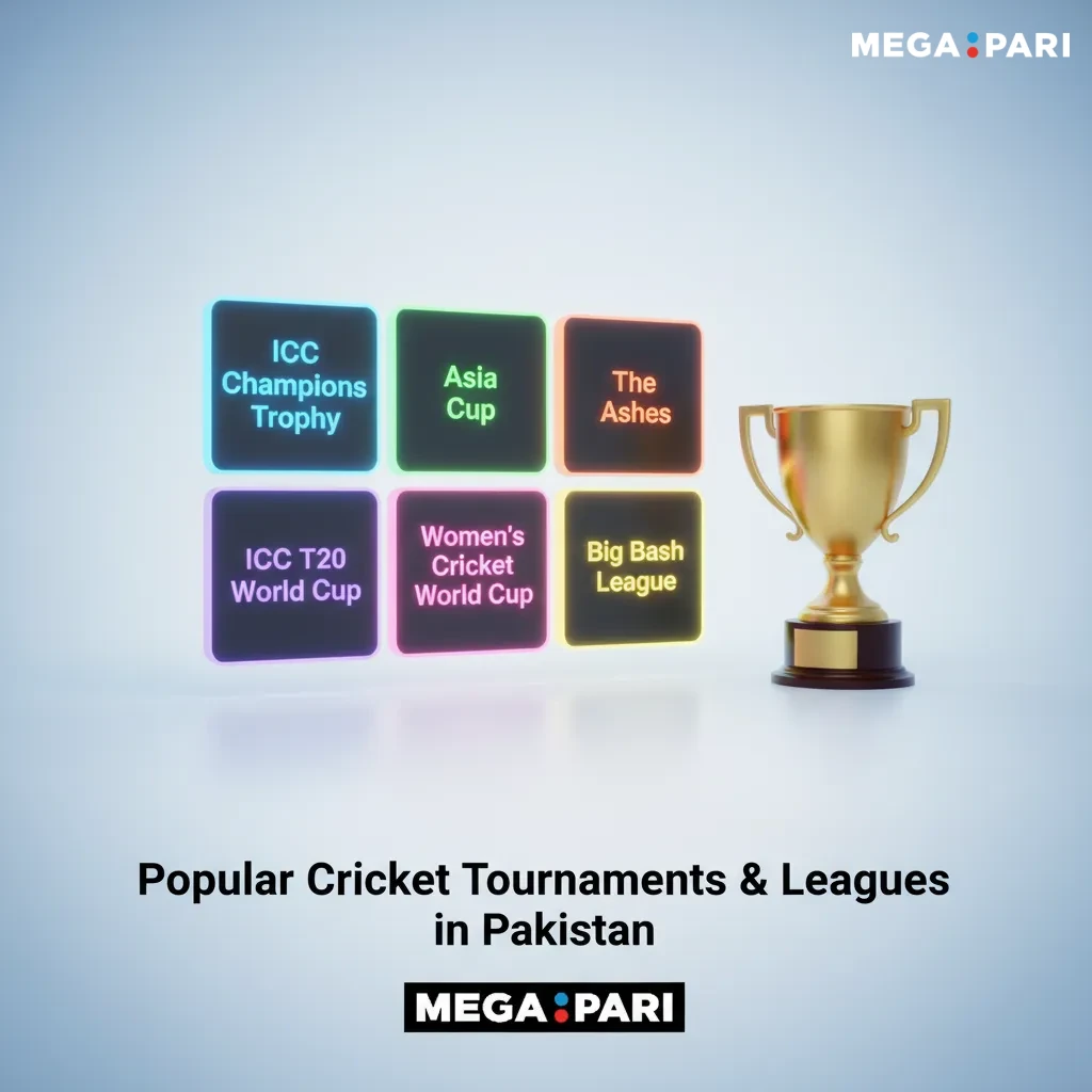 Graphic of popular cricket tournaments in Pakistan: ICC World Cup, T20 World Cup, PSL, Asia Cup, Ashes, domestic series.