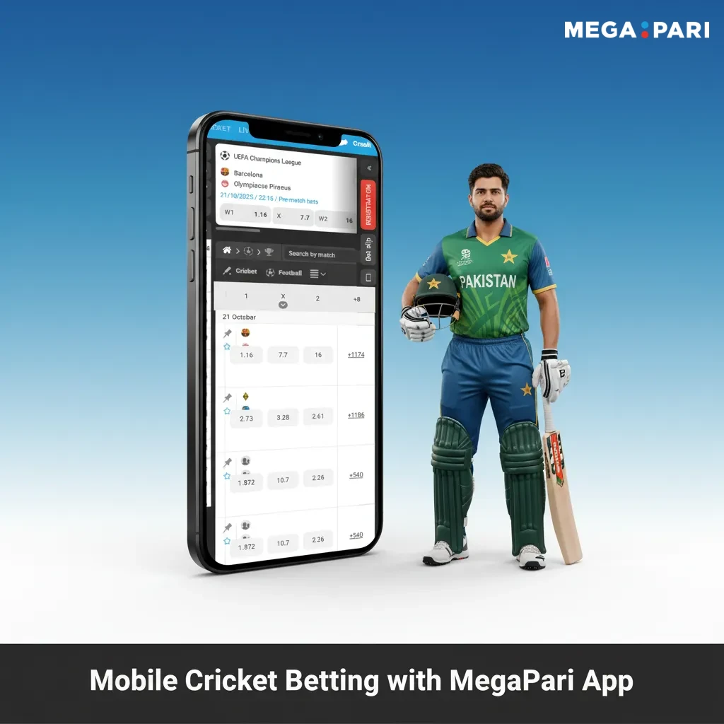 Android and iPhone screens showing MegaPari cricket betting app/PWA with live & pre‑match odds, markets, and cash out