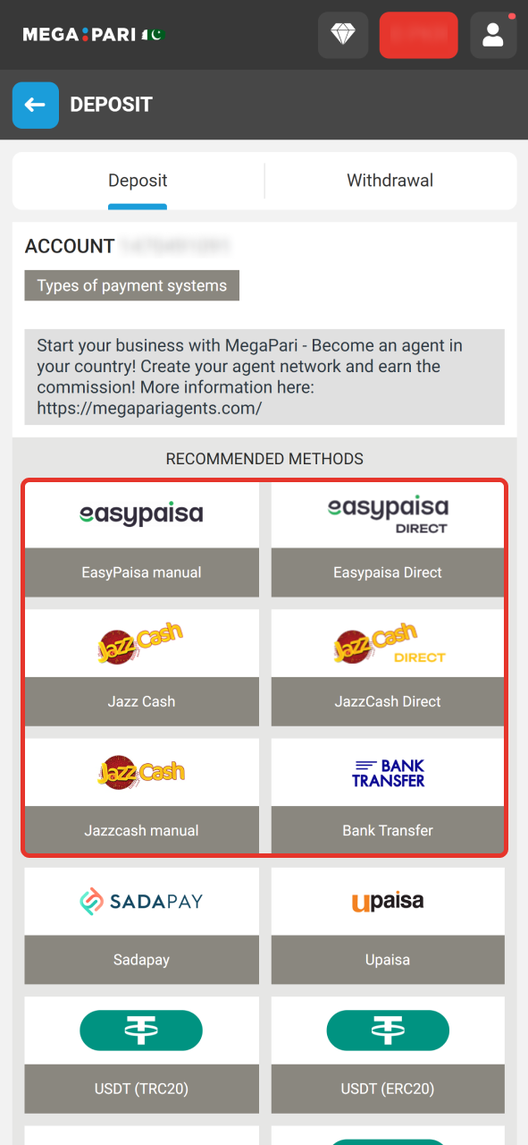 Make a deposit with any convenient paying system at MegaPari.