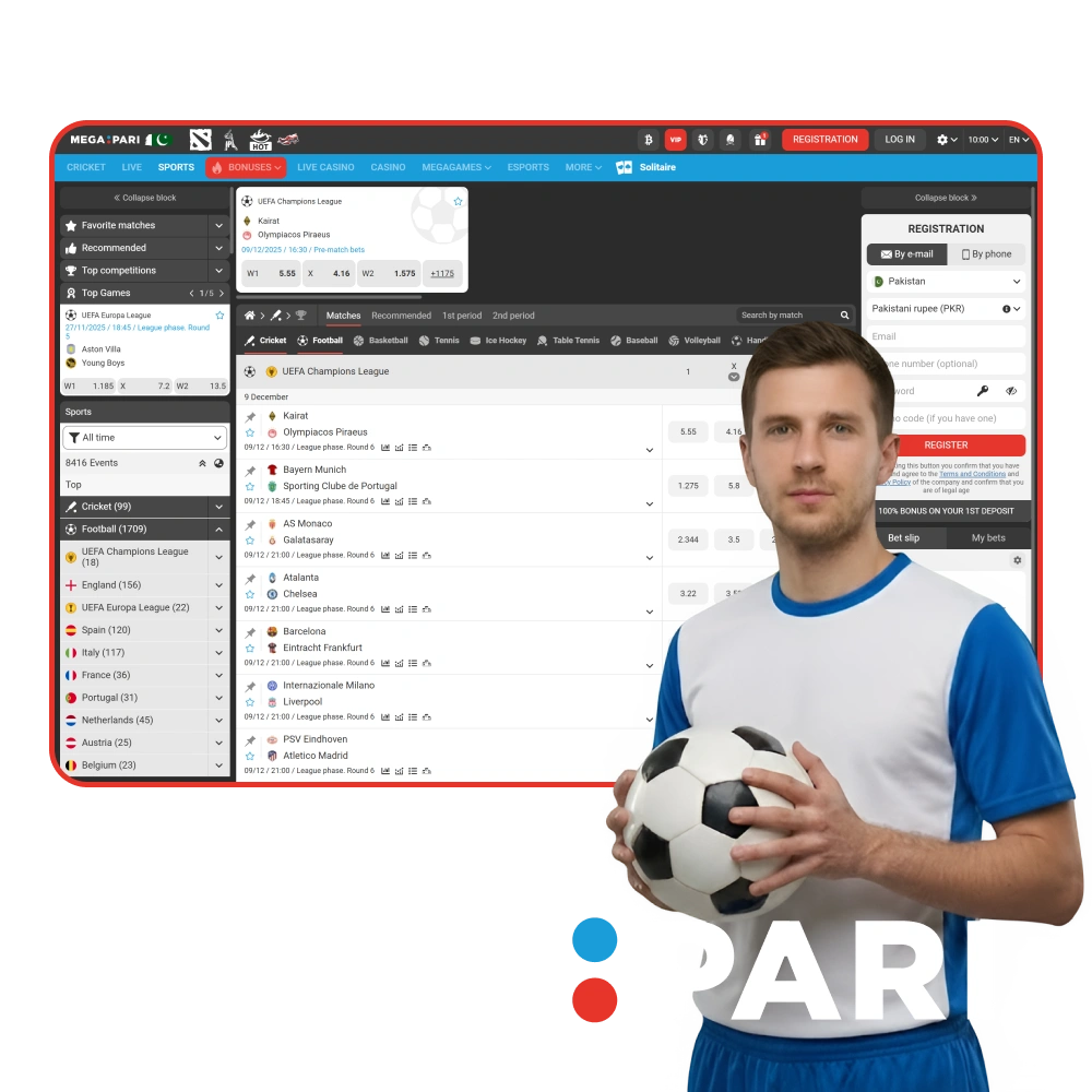 Place bets on different football matches with large markets at MegaPari.