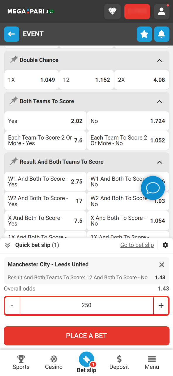 Write down your bet and click at the button to place bet at MegaPari.