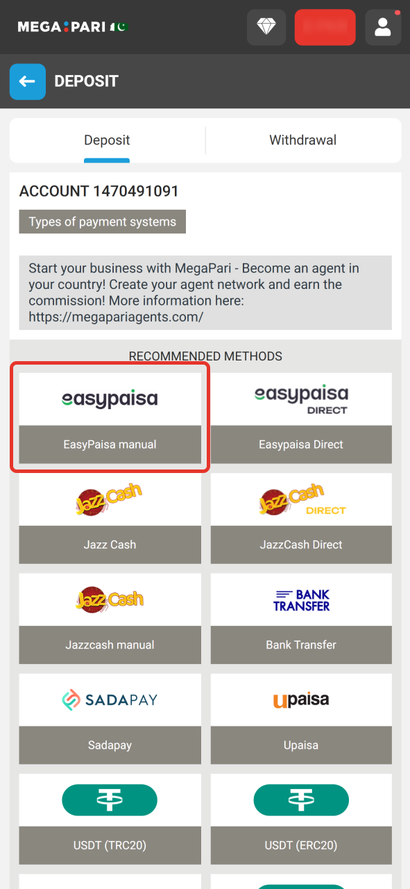 Top up your fresh MegaPari account.