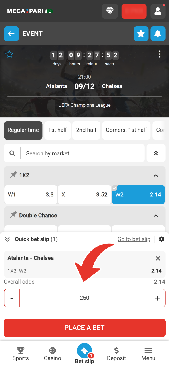 Insert your bet amount and click button to confirm your bet at MegaPari.