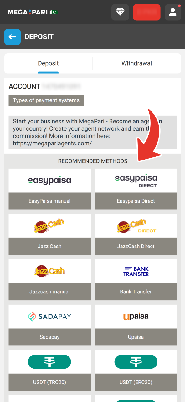 After signing in your MegaPari account make a deposit.