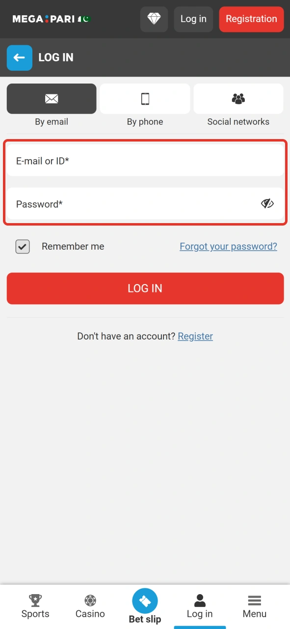 Fill up login form at MegaPari.