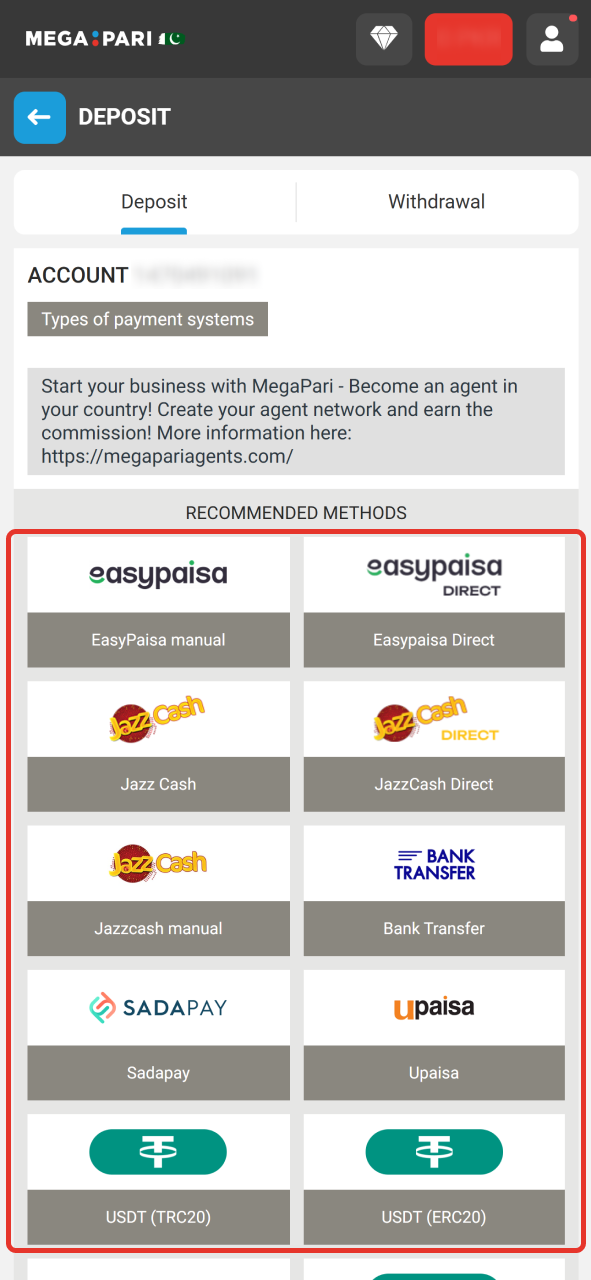 Open deposit page and click at the deposit method at your MegaPari page.
