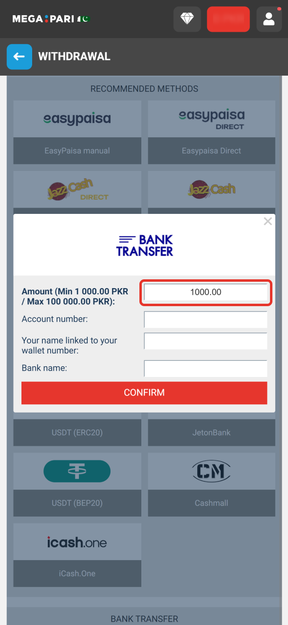 Enter number in the first form field at MegaPari withdraw page.