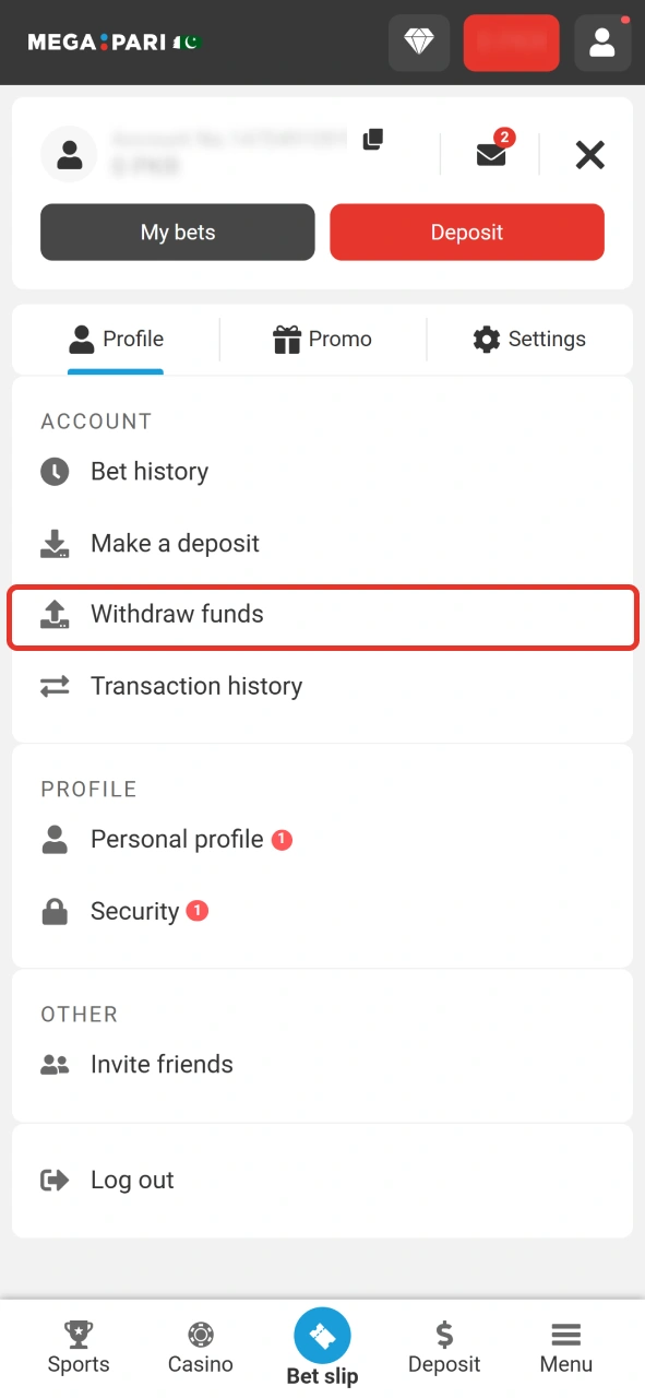 Open withdrawal page at your MegaPari account.