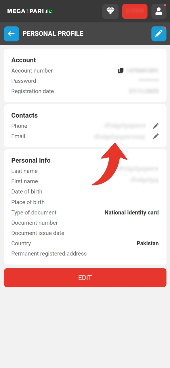 Add email and phone number and verify them at MegaPari.