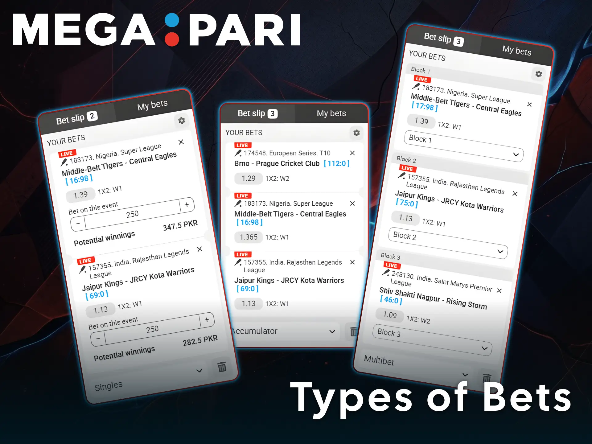 Explore various types of bets available to MegaPari sportsbook users.