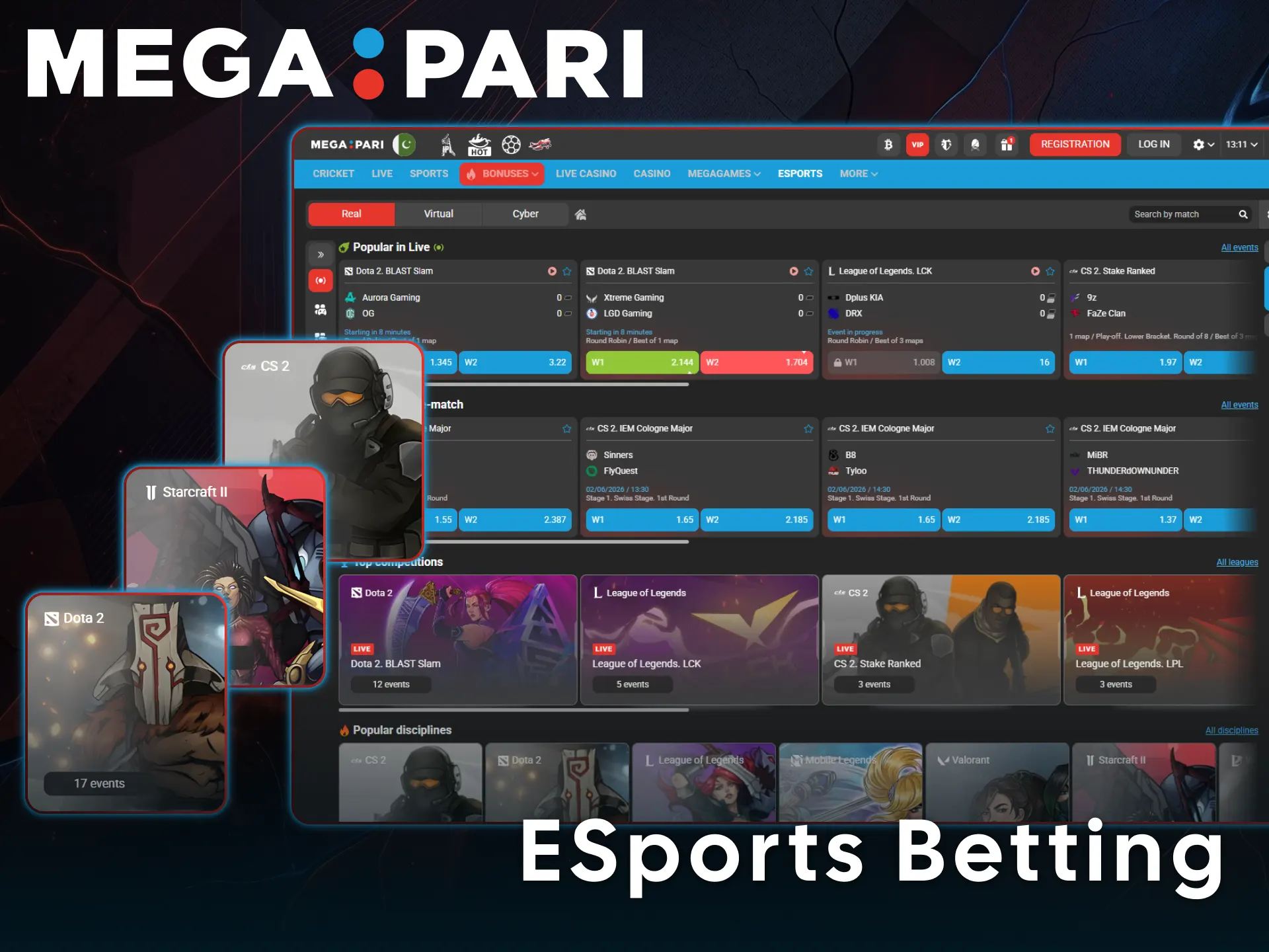 Discover diverse eSports betting markets with the MegaPari platform.