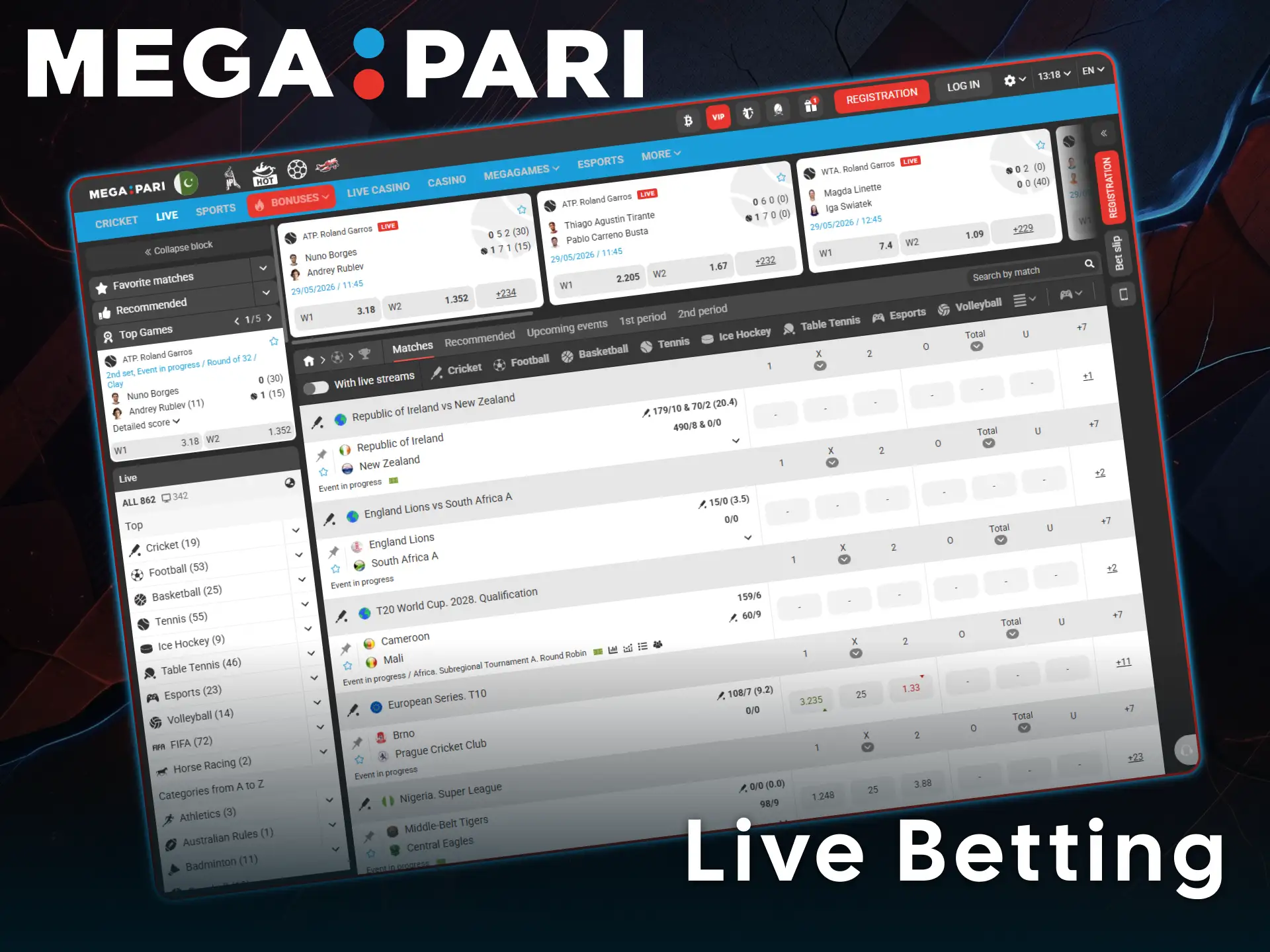 Place live bets on ongoing matches via the official MegaPari website.