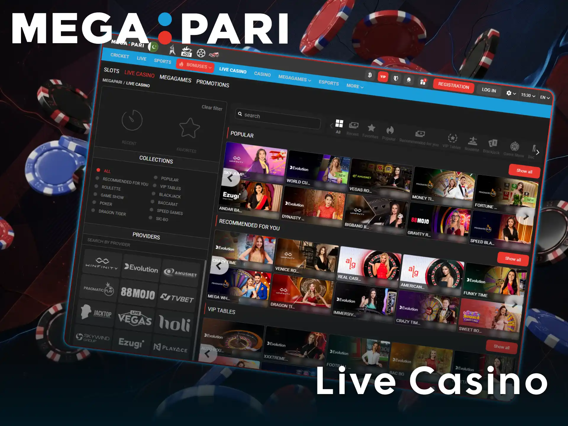 Experience real thrill with live casino dealers on the MegaPari platform.