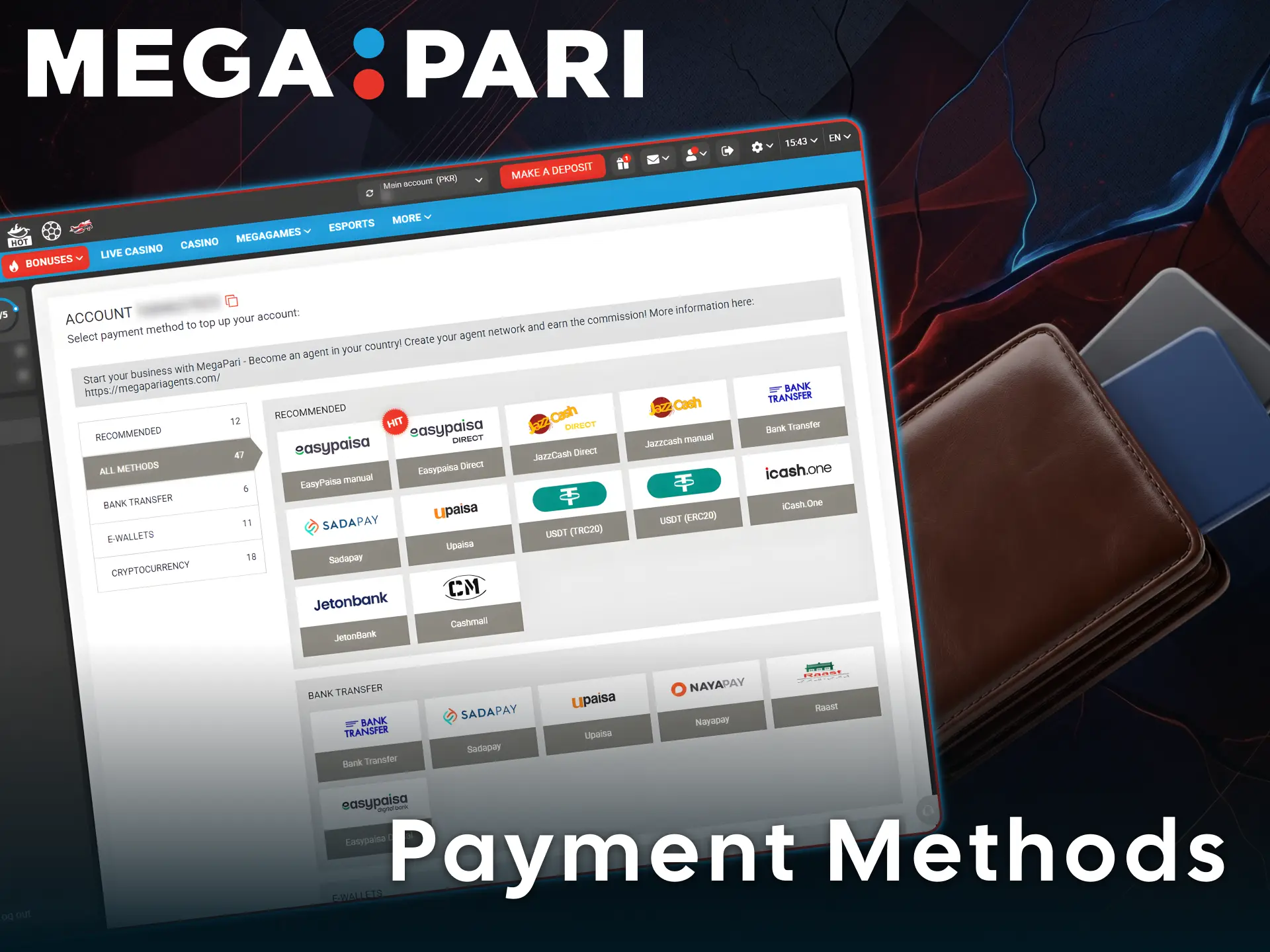 Check legal payment methods in Pakistan to fund your MegaPari account.