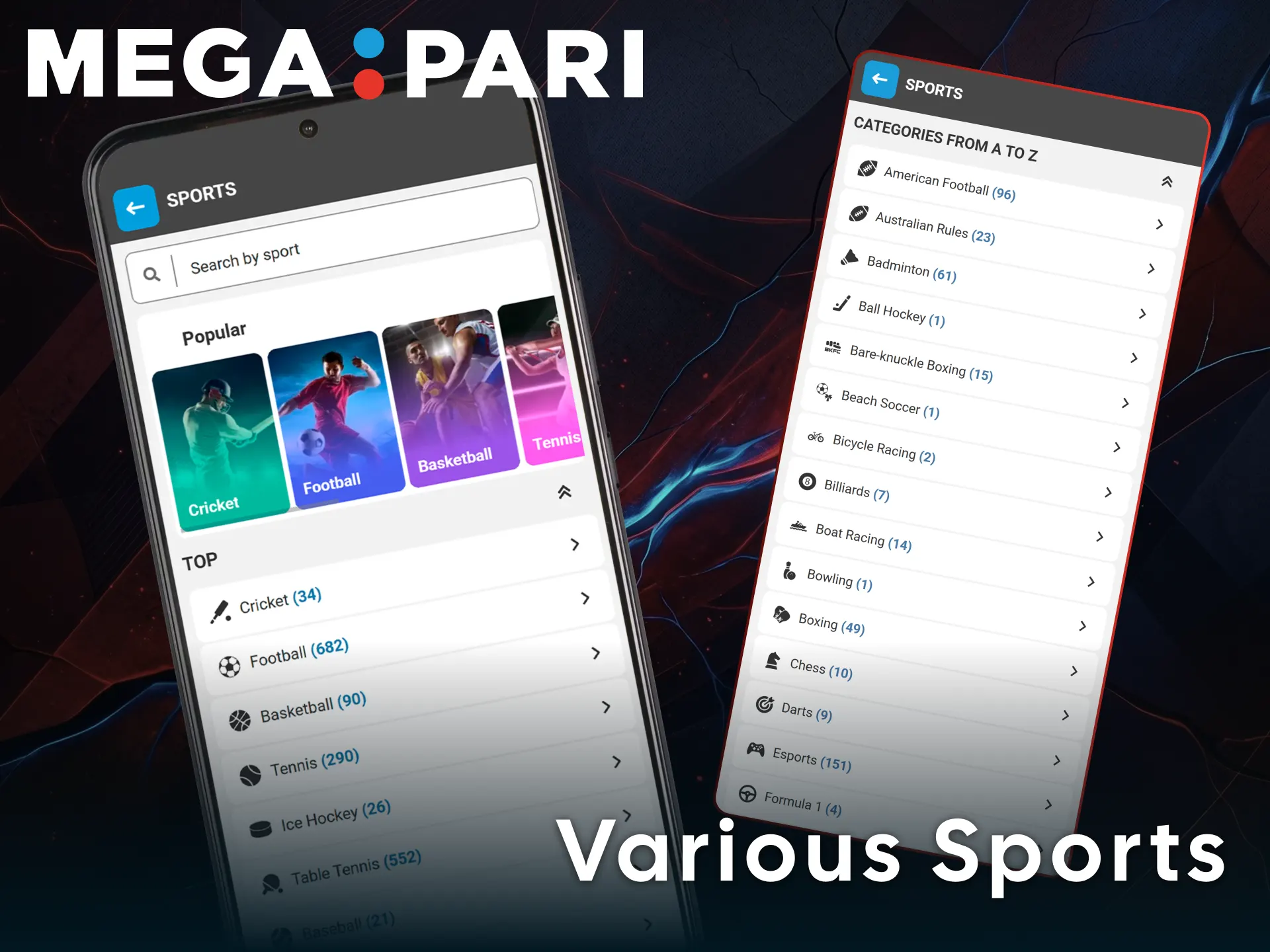 Explore various sports in the MegaPari betting app with great odds.